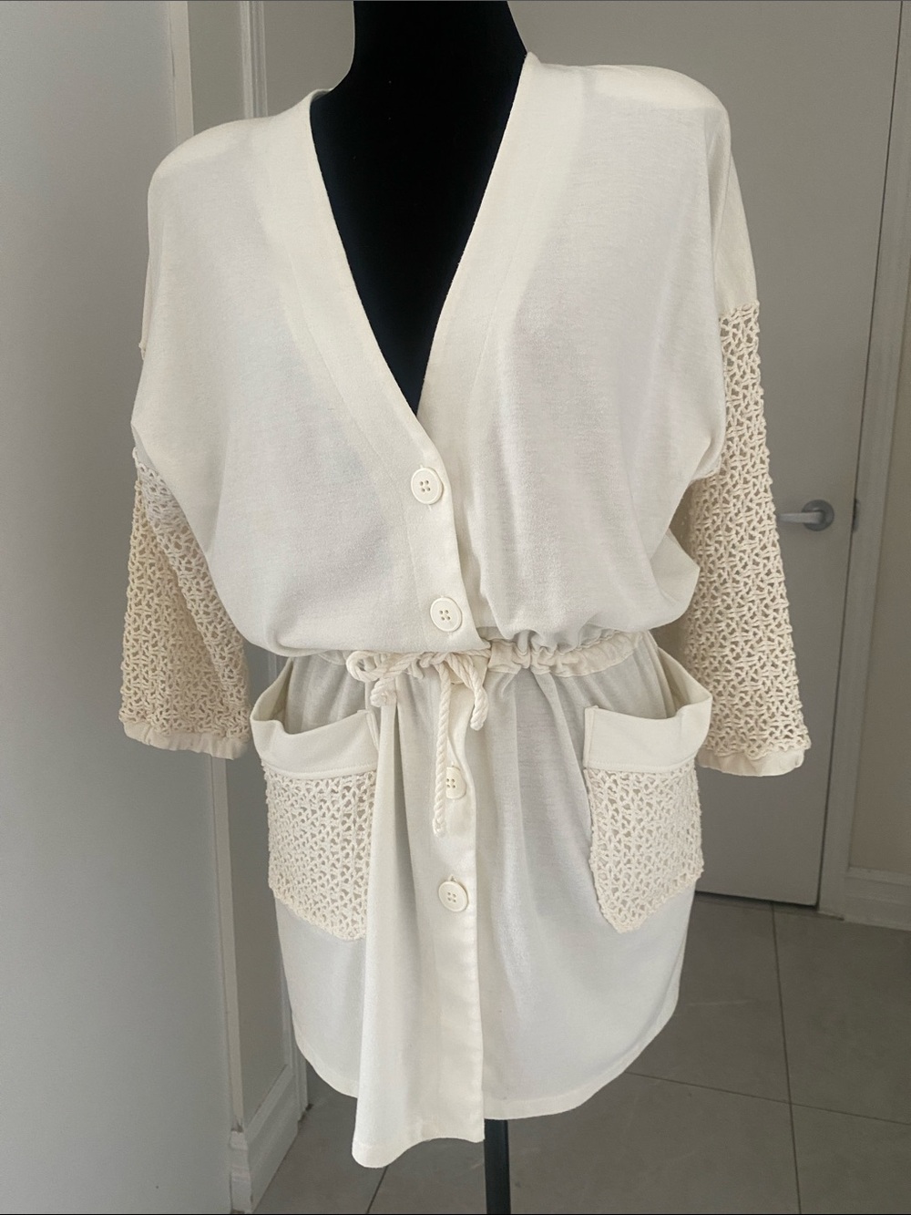 Bikini Village Cream Crochet-Sleeve Cover-up Cardigan D/String Waist Size Medium